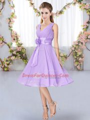 Dazzling Lavender Empire V-neck Sleeveless Chiffon Knee Length Lace Up Hand Made Flower Quinceanera Court of Honor Dress