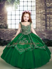 Tulle Straps Sleeveless Lace Up Beading and Embroidery Custom Made Pageant Dress in Dark Green