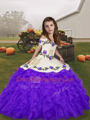 Latest Purple Ball Gowns Embroidery and Ruffles Custom Made Pageant Dress Lace Up Organza Sleeveless Floor Length