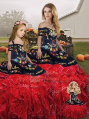 Exceptional Floor Length Lace Up Sweet 16 Dress Red And Black for Military Ball and Sweet 16 and Quinceanera with Embroidery and Ruffles