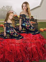 Exceptional Floor Length Lace Up Sweet 16 Dress Red And Black for Military Ball and Sweet 16 and Quinceanera with Embroidery and Ruffles