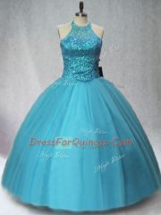 Modern Teal Tulle Lace Up 15 Quinceanera Dress Sleeveless Floor Length Beading