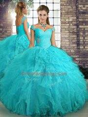 Aqua Blue Quince Ball Gowns Military Ball and Sweet 16 and Quinceanera with Beading and Ruffles Off The Shoulder Sleeveless Lace Up