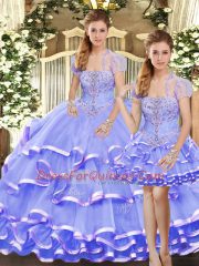 Traditional Strapless Sleeveless Quince Ball Gowns Floor Length Beading and Ruffled Layers Lavender Organza