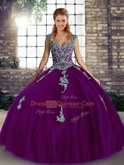 Low Price Purple Lace Up Straps Beading and Appliques Quinceanera Gowns Tulle Sleeveless