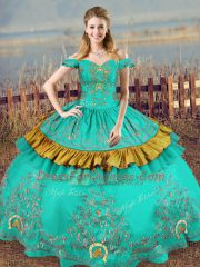 Custom Design Sleeveless Lace Up Floor Length Embroidery Quince Ball Gowns
