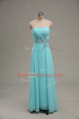 Aqua Blue Zipper Appliques and Ruching Sleeveless Floor Length