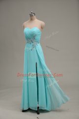 Aqua Blue Zipper Appliques and Ruching Sleeveless Floor Length