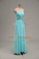Aqua Blue Zipper Appliques and Ruching Sleeveless Floor Length