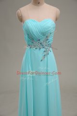 Aqua Blue Zipper Appliques and Ruching Sleeveless Floor Length