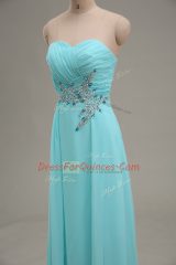 Aqua Blue Zipper Appliques and Ruching Sleeveless Floor Length