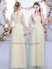 Dramatic Tulle Sleeveless Floor Length Dama Dress for Quinceanera and Lace and Bowknot