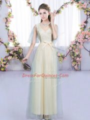 Dramatic Tulle Sleeveless Floor Length Dama Dress for Quinceanera and Lace and Bowknot