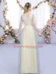 Dramatic Tulle Sleeveless Floor Length Dama Dress for Quinceanera and Lace and Bowknot