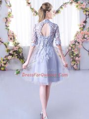 Top Selling Half Sleeves Tulle Mini Length Lace Up Damas Dress in Grey with Lace