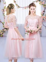 Baby Pink Half Sleeves Tea Length Lace and Belt Lace Up Quinceanera Court Dresses