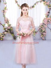 Baby Pink Half Sleeves Tea Length Lace and Belt Lace Up Quinceanera Court Dresses