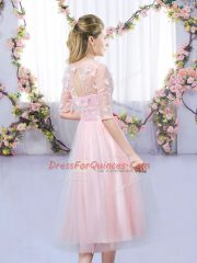 Baby Pink Half Sleeves Tea Length Lace and Belt Lace Up Quinceanera Court Dresses