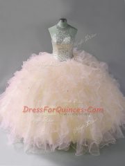 Sophisticated Pink Ball Gowns Tulle Halter Top Sleeveless Beading and Ruffles Floor Length Lace Up Quinceanera Gowns