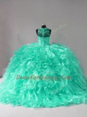Admirable Brush Train Ball Gowns Quince Ball Gowns Aqua Blue Halter Top Organza Sleeveless Zipper