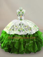 Green Sleeveless Floor Length Embroidery Lace Up Ball Gown Prom Dress