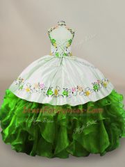 Green Sleeveless Floor Length Embroidery Lace Up Ball Gown Prom Dress