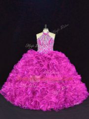 Exceptional Fuchsia Ball Gowns Halter Top Sleeveless Organza Floor Length Lace Up Beading and Ruffles Quinceanera Dresses