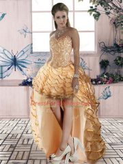 Dynamic Gold Sleeveless High Low Beading and Lace and Ruffled Layers Lace Up Womens Party Dresses