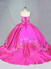 On Sale Sweetheart Sleeveless Satin and Tulle Quinceanera Gowns Beading and Embroidery Court Train Lace Up