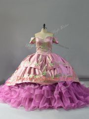 Inexpensive Off The Shoulder Sleeveless Ball Gown Prom Dress Chapel Train Embroidery and Ruffles Lilac Organza