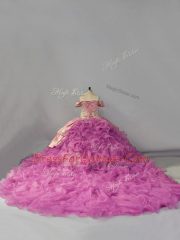 Inexpensive Off The Shoulder Sleeveless Ball Gown Prom Dress Chapel Train Embroidery and Ruffles Lilac Organza