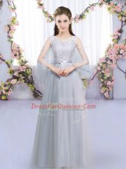 Pretty Lace and Belt Damas Dress Grey Lace Up Sleeveless Floor Length