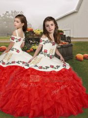 High End Red Organza Lace Up Straps Sleeveless Floor Length Kids Formal Wear Embroidery and Ruffles