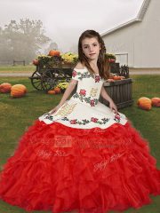 High End Red Organza Lace Up Straps Sleeveless Floor Length Kids Formal Wear Embroidery and Ruffles