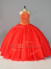 Red Ball Gowns Beading 15 Quinceanera Dress Lace Up Tulle Sleeveless Floor Length