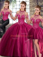 Fuchsia Three Pieces Halter Top Sleeveless Tulle Brush Train Lace Up Beading Quinceanera Dress