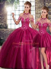 Fuchsia Three Pieces Halter Top Sleeveless Tulle Brush Train Lace Up Beading Quinceanera Dress