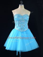 Simple Sleeveless Tulle Mini Length Lace Up Prom Dress in Aqua Blue with Beading