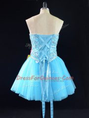 Simple Sleeveless Tulle Mini Length Lace Up Prom Dress in Aqua Blue with Beading