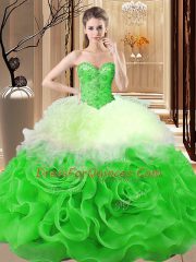 Dramatic Fabric With Rolling Flowers Sweetheart Sleeveless Lace Up Beading and Ruffles Quinceanera Dress in Multi-color