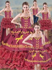 Burgundy Sweetheart Neckline Embroidery and Ruffles Quinceanera Dress Sleeveless Lace Up