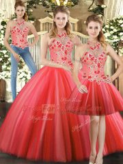 Three Pieces Quinceanera Dresses Red Halter Top Tulle Sleeveless Floor Length Lace Up