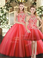 Three Pieces Quinceanera Dresses Red Halter Top Tulle Sleeveless Floor Length Lace Up