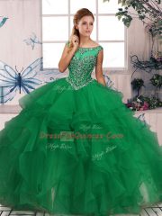Green Sleeveless Floor Length Beading and Ruffles Zipper Quinceanera Gown