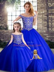 Off The Shoulder Sleeveless Tulle Quinceanera Dresses Beading Brush Train Lace Up