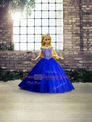 Off The Shoulder Sleeveless Tulle Quinceanera Dresses Beading Brush Train Lace Up