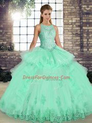Pretty Scoop Sleeveless Tulle Vestidos de Quinceanera Lace and Embroidery and Ruffles Lace Up