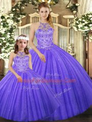 Low Price Lavender Lace Up Halter Top Beading Sweet 16 Dresses Tulle Sleeveless