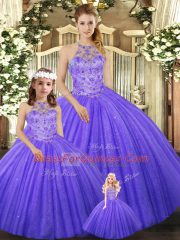 Low Price Lavender Lace Up Halter Top Beading Sweet 16 Dresses Tulle Sleeveless