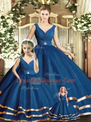 Nice Floor Length Navy Blue 15th Birthday Dress V-neck Sleeveless Backless